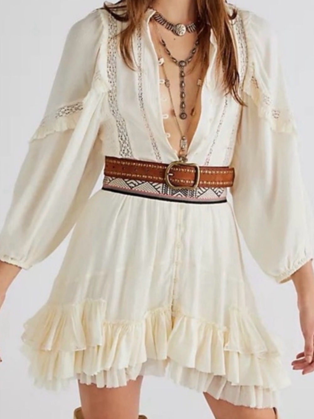 Free People FP One Ambrosia Mini Dress Lace Ruffle Button-up Medium Ivory Cream